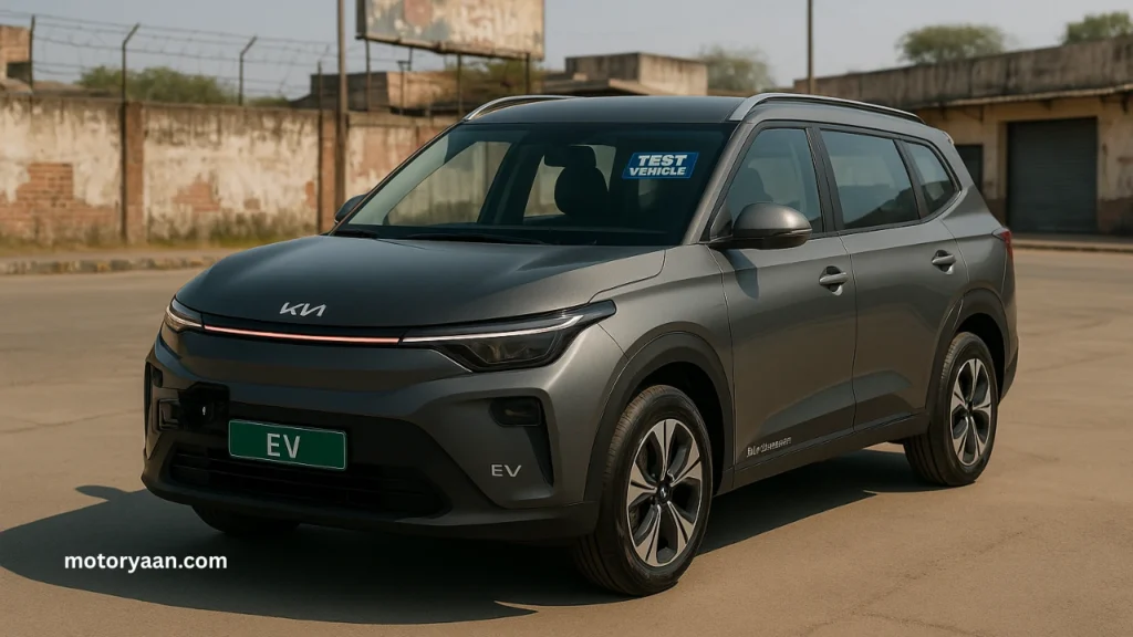 Kia Carens Clavis EV front and side profile showcasing aerodynamic grille, EV badging, and test vehicle styling.