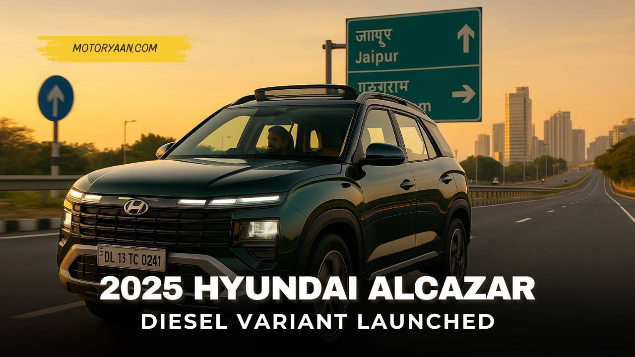 2025 Hyundai Alcazar Diesel front and side profile with LED DRLs and alloy wheels