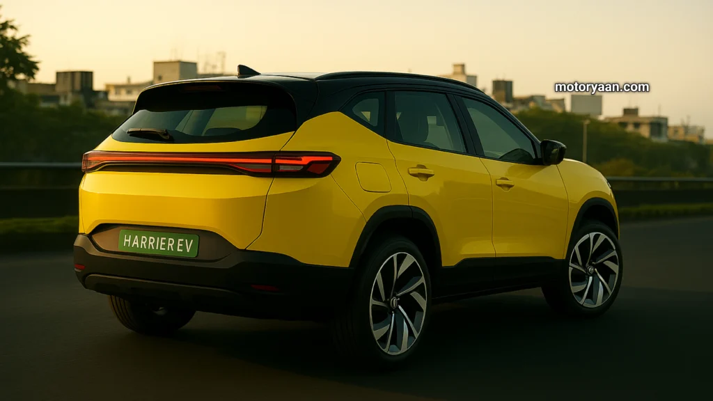 Rear view of Tata Harrier EV with connected LED taillamps and EV badge