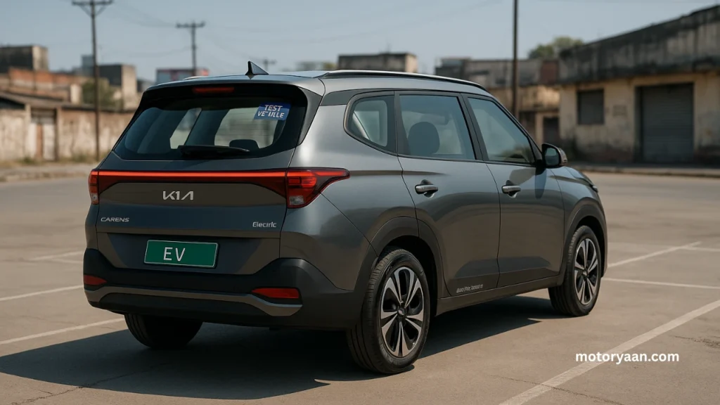 Kia Carens Clavis EV rear and side profile featuring connected LED tail lamps, EV badging, and aerodynamic wheels.