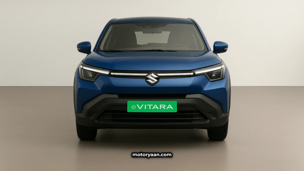 2025 Maruti Suzuki e-Vitara front profile with futuristic LED DRLs and bold grille