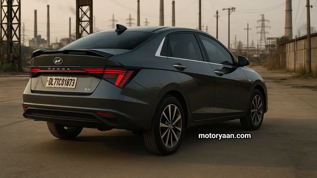 Rear and side profile of Hyundai Verna SX+ showcasing LED tail-lamps and coupe-like silhouette