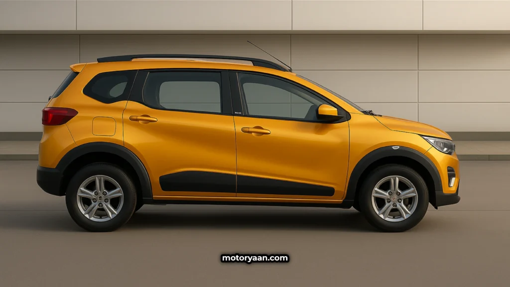 Renault Triber CNG side profile view highlighting LED ORVMs, body lines, and alloy wheels on the driver's side