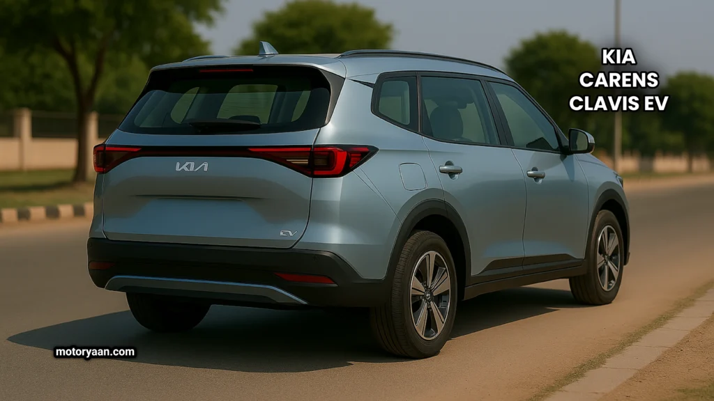 Kia Carens Clavis EV 2025 rear and side profile with connected LED tail lamps and sporty roof spoiler