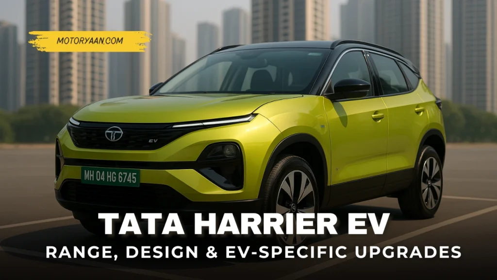 Front and side profile of the Tata Harrier EV parked on Mumbai street with a clean, futuristic design