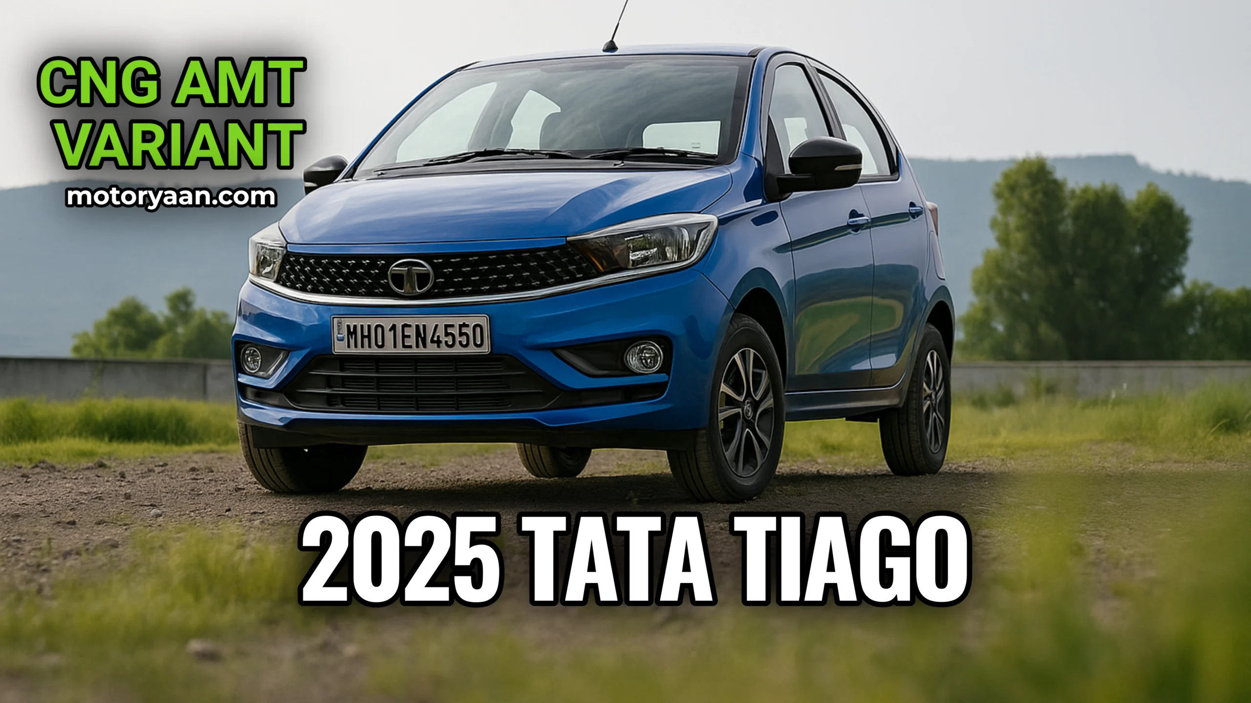 Thumbnail image of 2025 Tata Tiago CNG AMT showing front and side profile with sporty styling and CNG badging