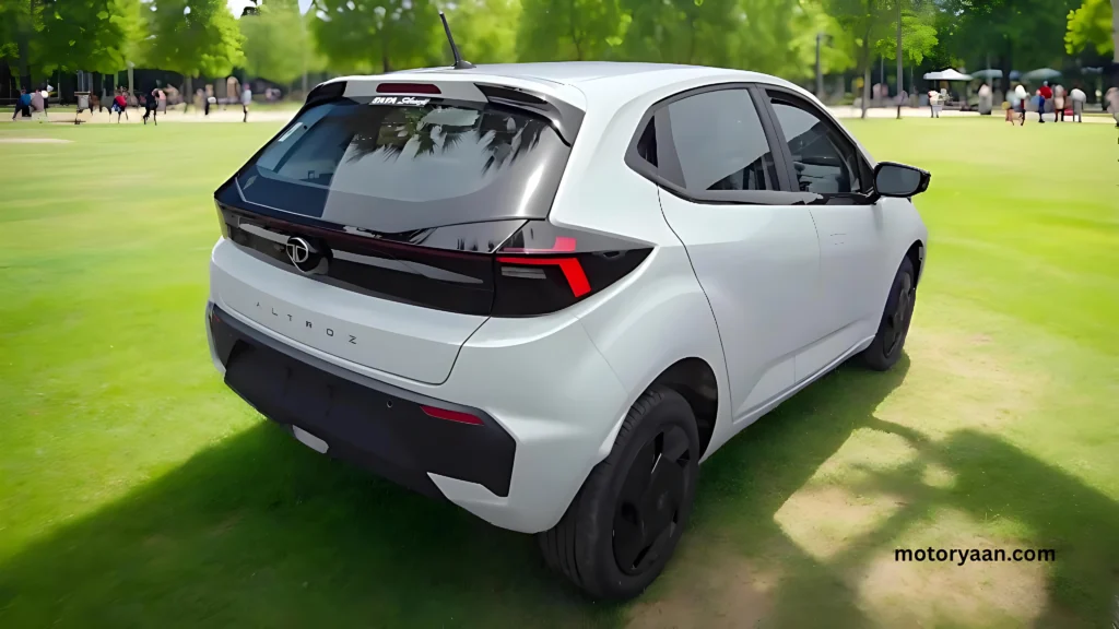 Rear and side view of the 2025 Tata Altroz Pure variant showing taillamps, spoiler, and body lines