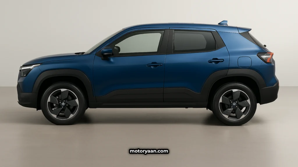 2025 Maruti Suzuki e-Vitara side profile with dual-tone finish and aerodynamic alloy wheels