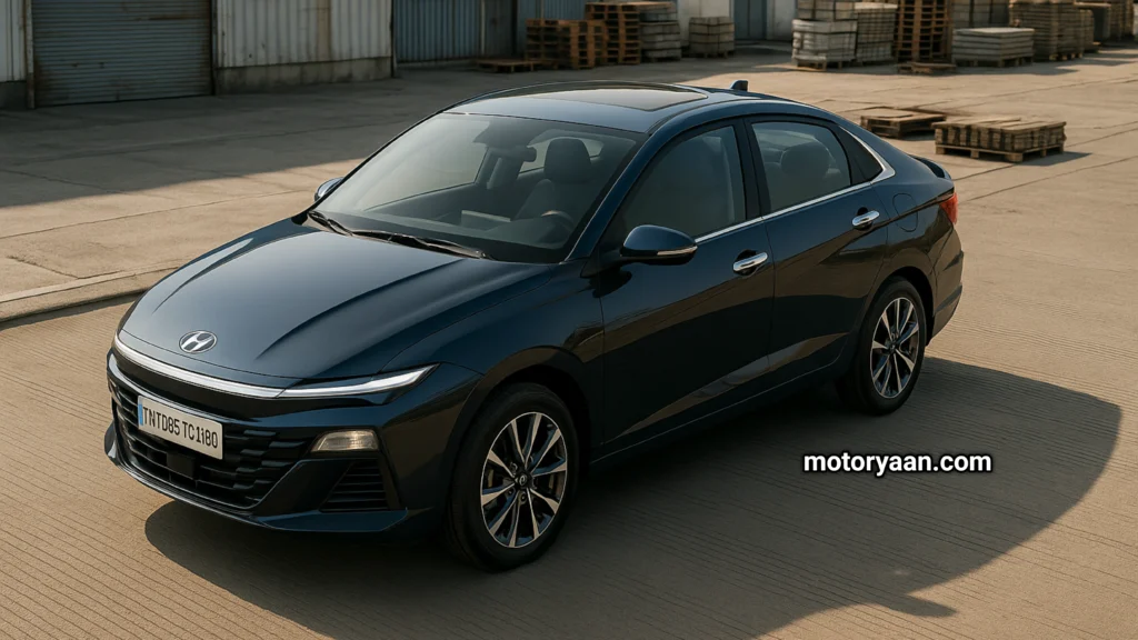 Front and side profile of Hyundai Verna SX+ variant with LED headlamps and sleek body lines
