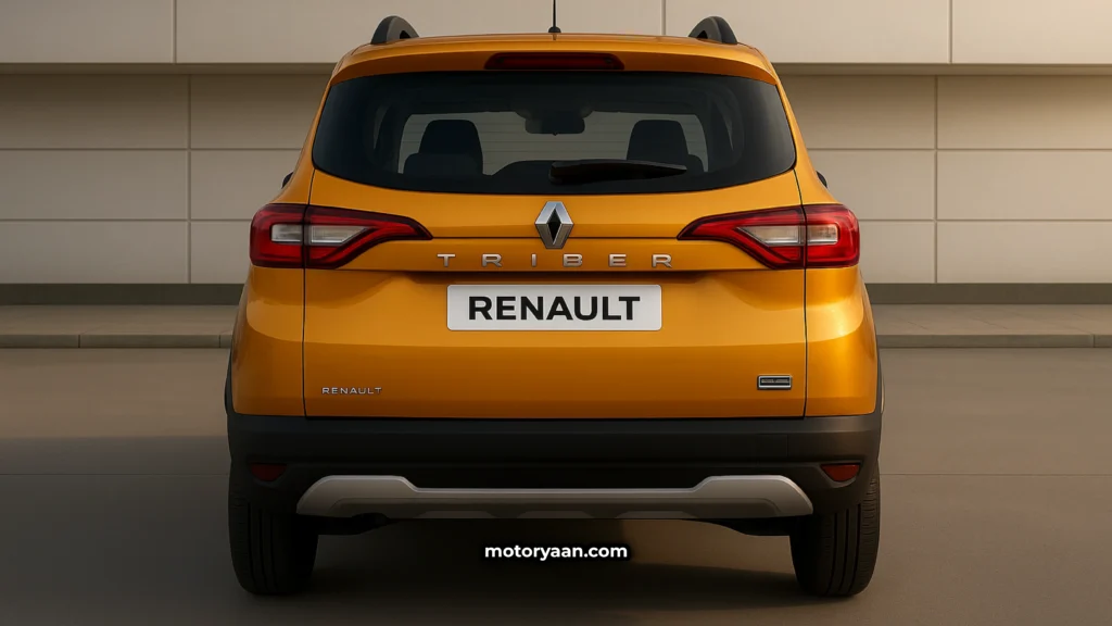 Renault Triber CNG rear driver-side profile showing LED tail-lamps, roof spoiler, and CNG sticker