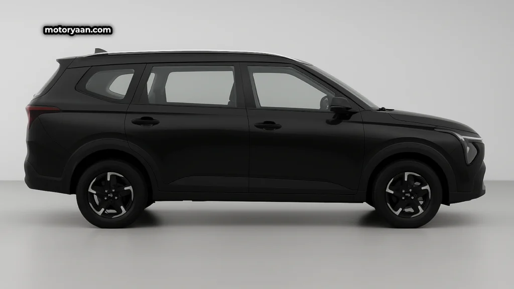 Kia Carens Clavis HTE Optional 2025 side profile showing body lines, alloy-look wheels, and shark fin antenna