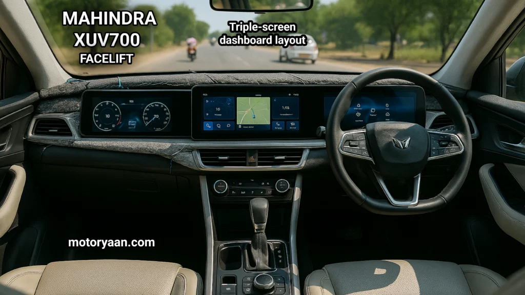Mahindra XUV700 Facelift 2025 interior with triple-screen dashboard layout and digital instrument cluster