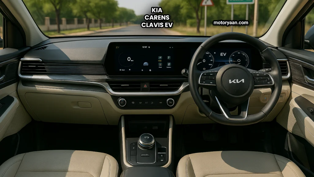 Interior dashboard of Kia Carens Clavis EV 2025 featuring dual digital screens and premium materials