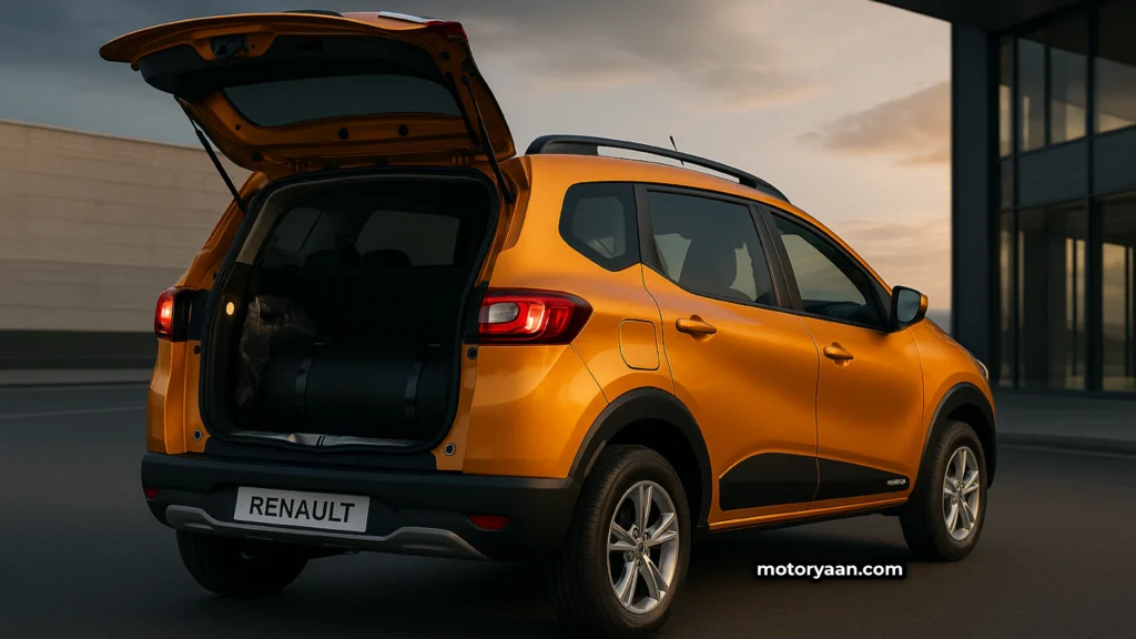Renault Triber CNG parked with boot open showing factory-fitted CNG tank inside the luggage compartment