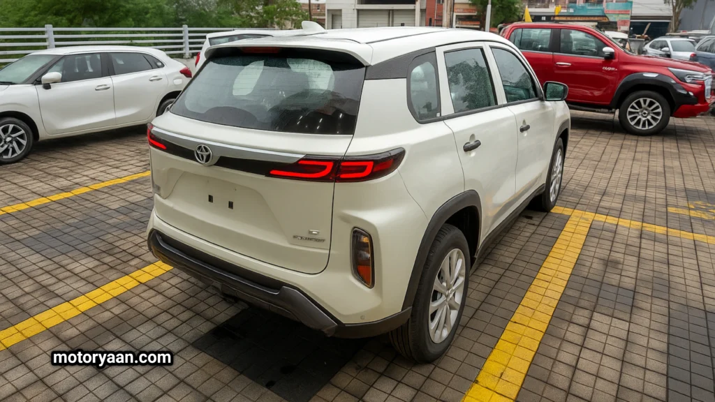 Rear and side angle of Toyota Hyryder E Base Model 2025 with LED tail lamps