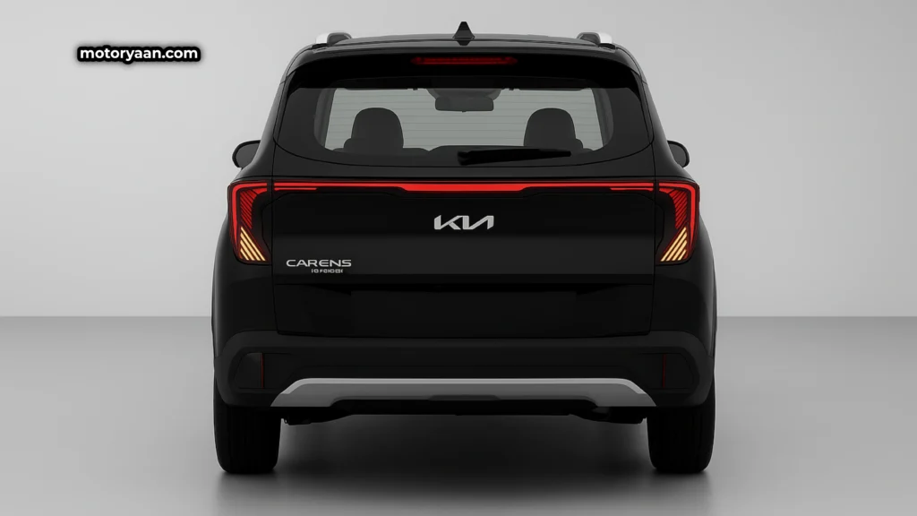 Kia Carens Clavis HTE Optional 2025 rear profile with LED tail lamps, chrome garnish, and high-mounted stop lamp