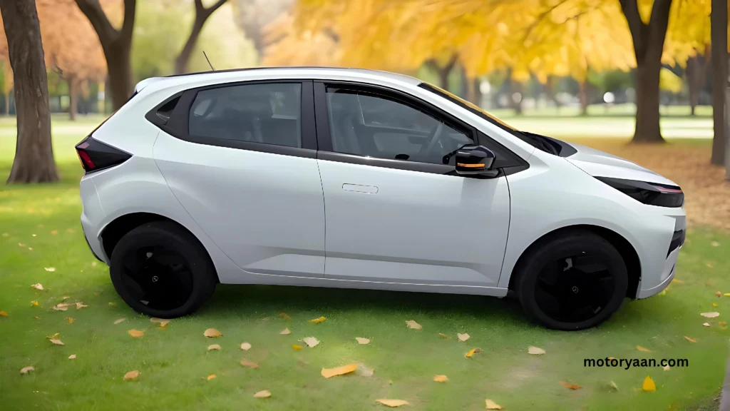 Side view of 2025 Tata Altroz Pure variant with black ORVMs and steel wheels