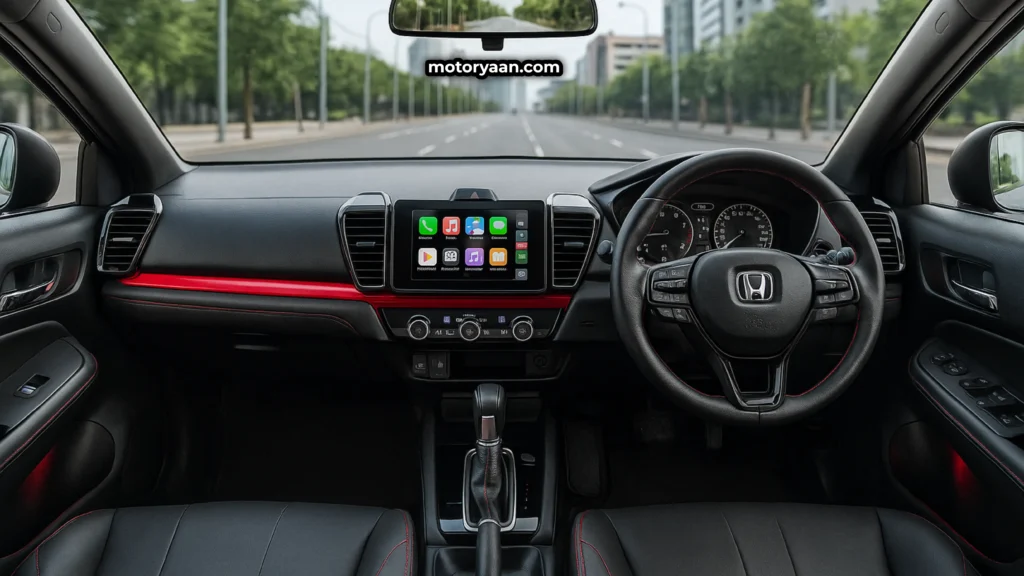 Honda City Sport Edition interior front view with touchscreen infotainment, steering wheel, and red-stitched seats