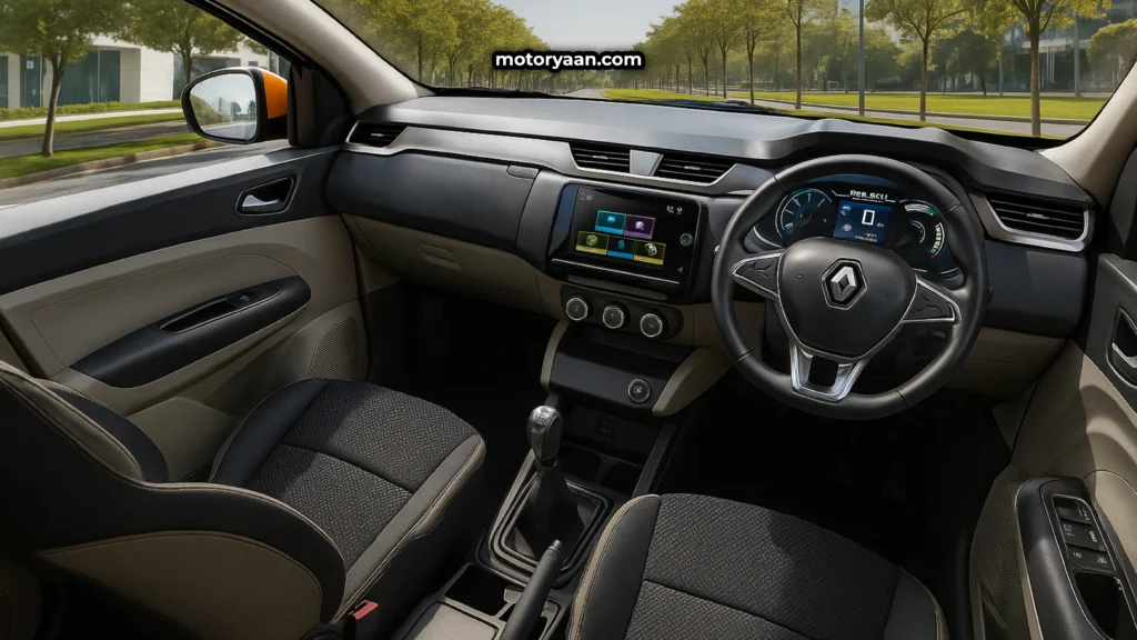 Renault Triber CNG interior featuring touchscreen infotainment system, digital instrument cluster, steering-mounted controls, and three-row seating