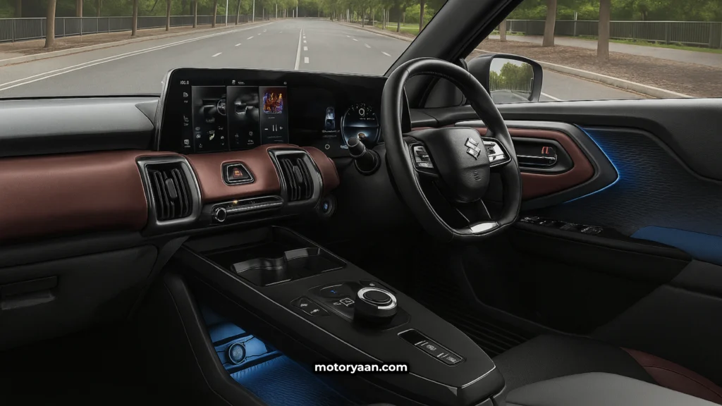 2025 Maruti e-Vitara interior cabin with digital cockpit, leather seats, and ambient lighting