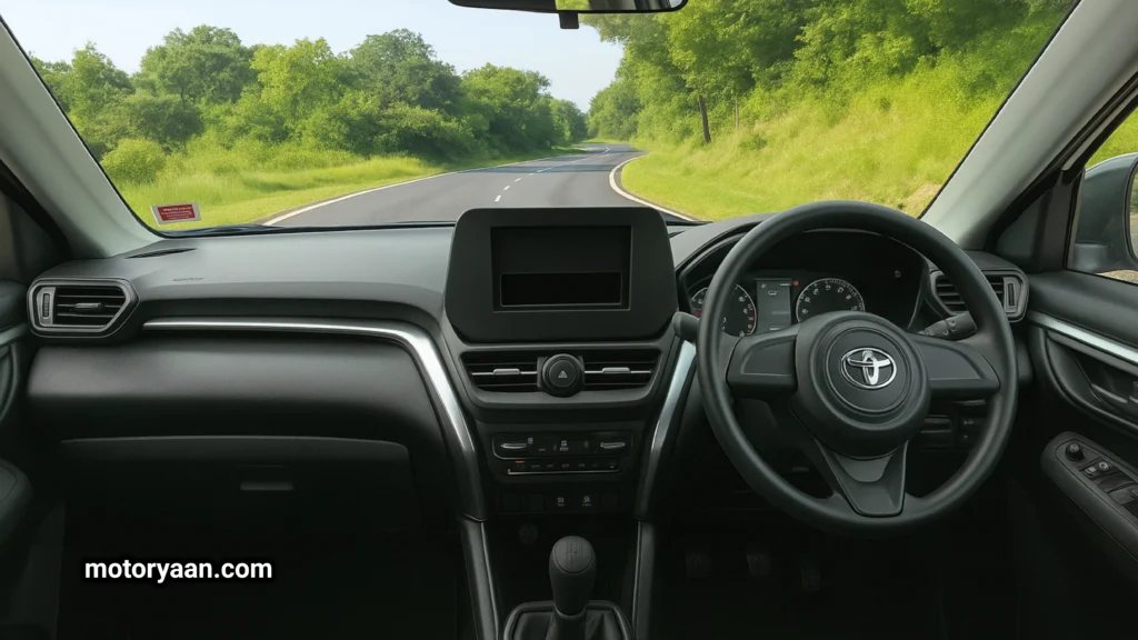 Interior of Toyota Hyryder E base model showing dashboard, steering, and center console