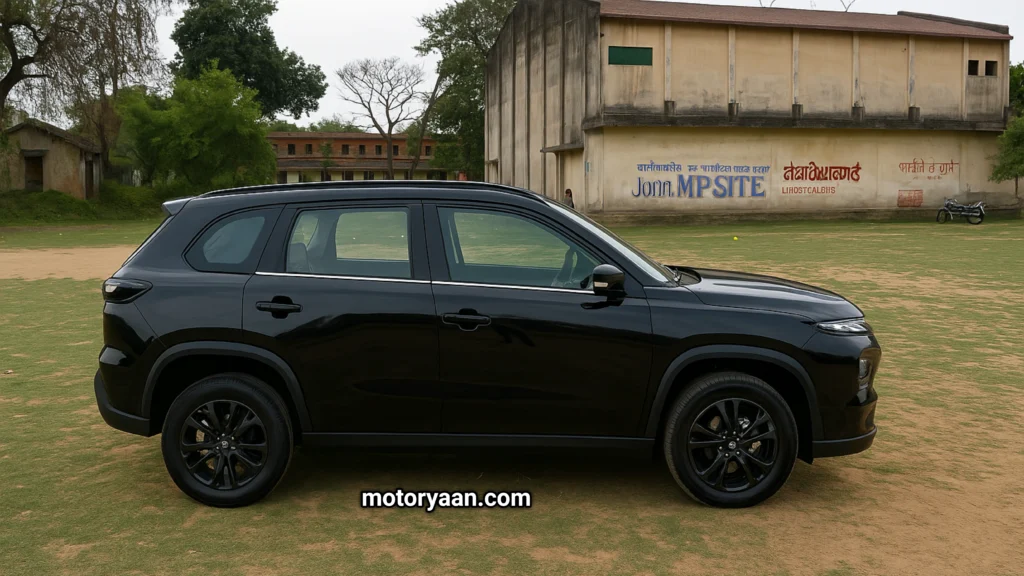 Side profile of Maruti Suzuki Grand Vitara Zeta Optional with 17-inch black alloy wheels and sleek SUV silhouette