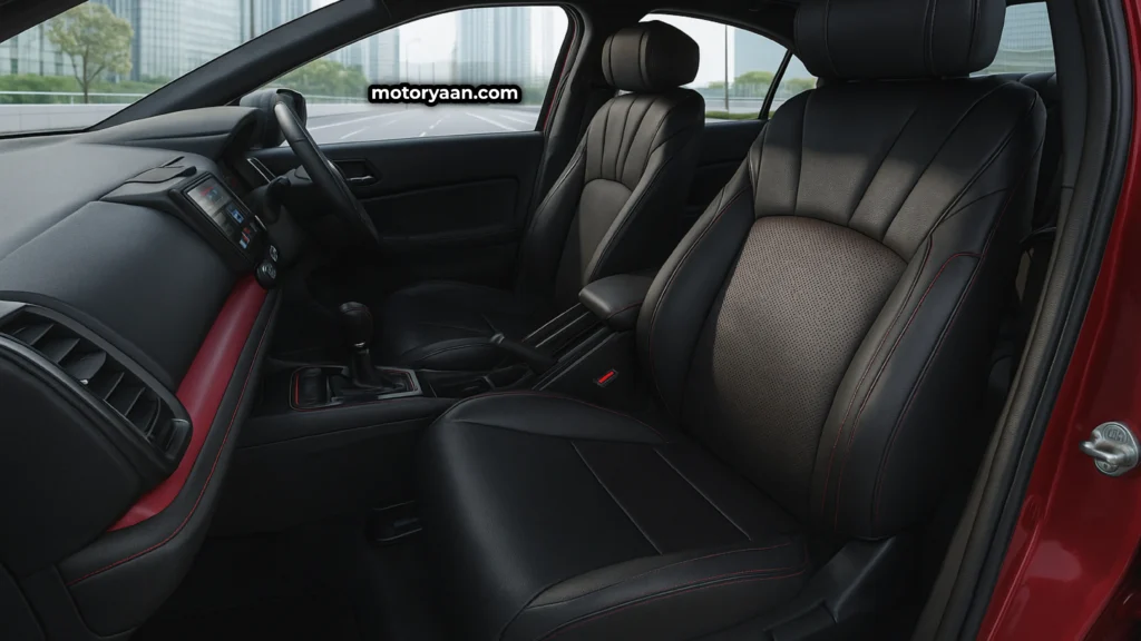 Honda City Sport Edition interior side view with black leather seats, window pads, and dashboard details
