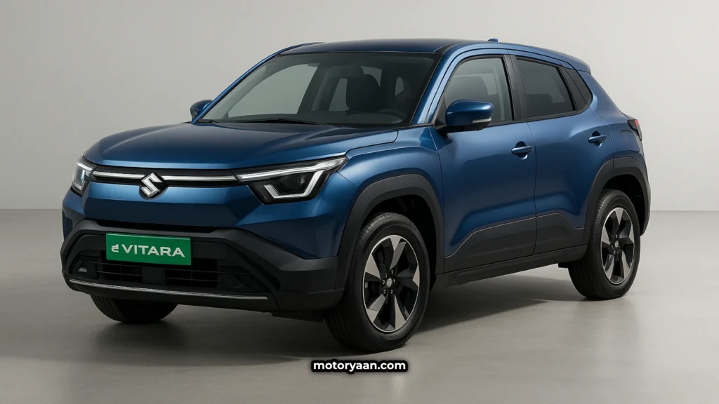 2025 Maruti e-Vitara front and side profile with LED lights and alloy wheels