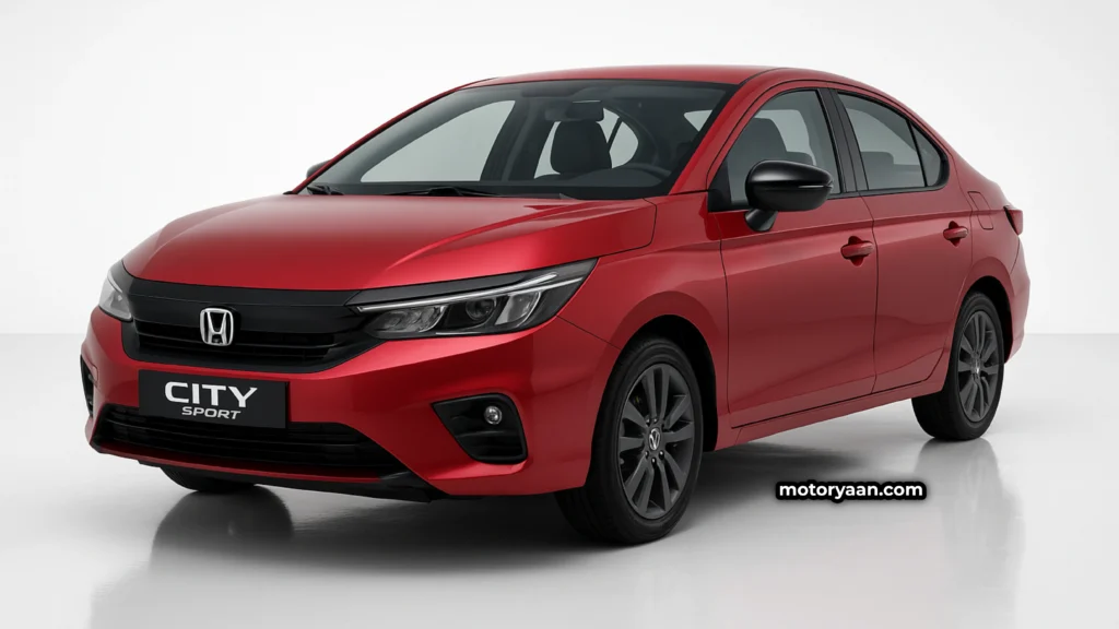 Honda City Sport Edition front and side profile with LED headlamps, black grille, and sporty alloy wheels