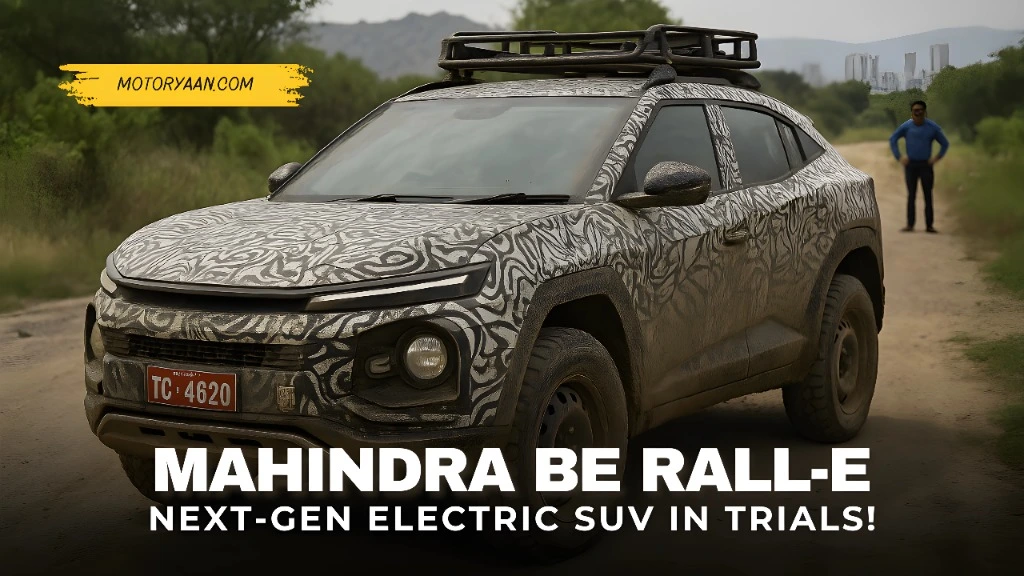 Mahindra BE Rall-E front and side profile spied testing with camouflage wrap and off-road design