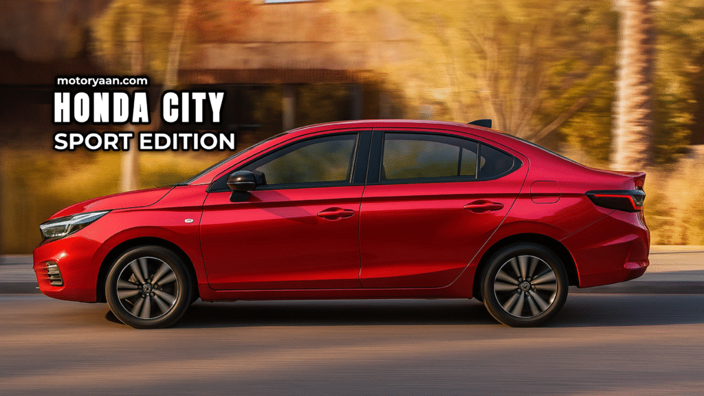 Side profile of 2025 Honda City Sport Edition with sleek design and black alloy wheels
