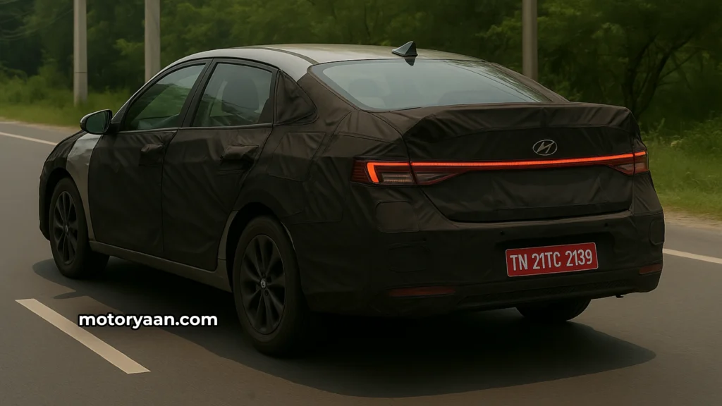 Camouflaged 2026 Hyundai Verna Facelift rear and side profile spied testing on Indian roads