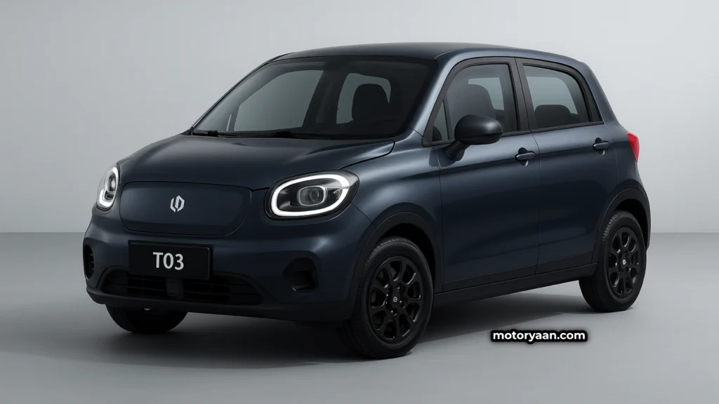 Leapmotor T03 front and side profile with LED headlamps and compact electric hatchback design