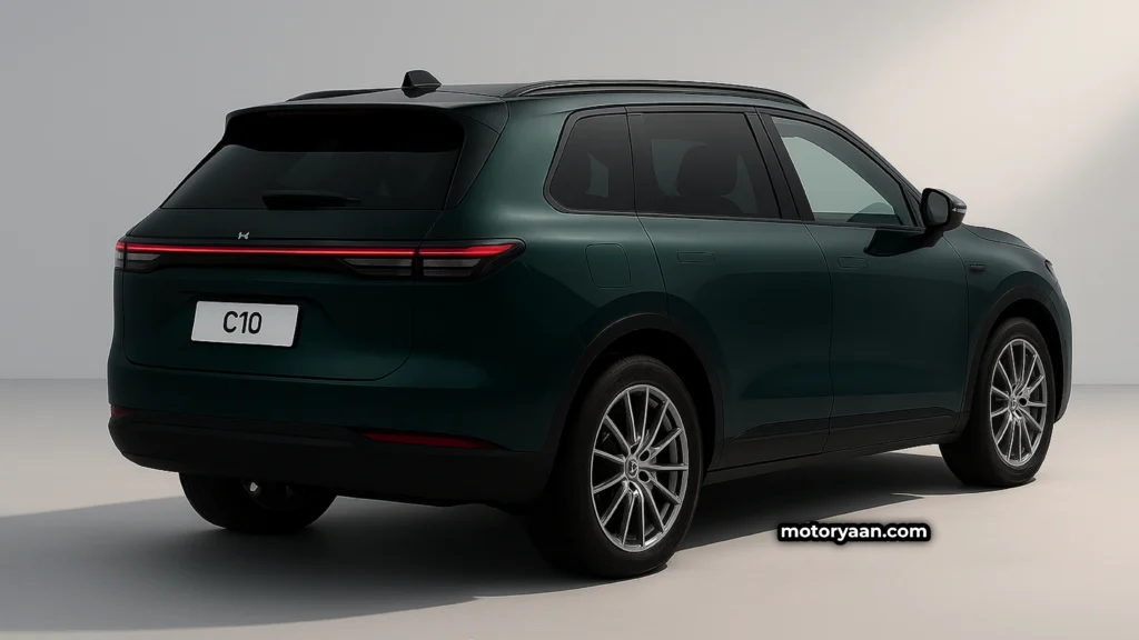 Leapmotor C10 rear and side profile with connected LED tail lights and aerodynamic SUV silhouette