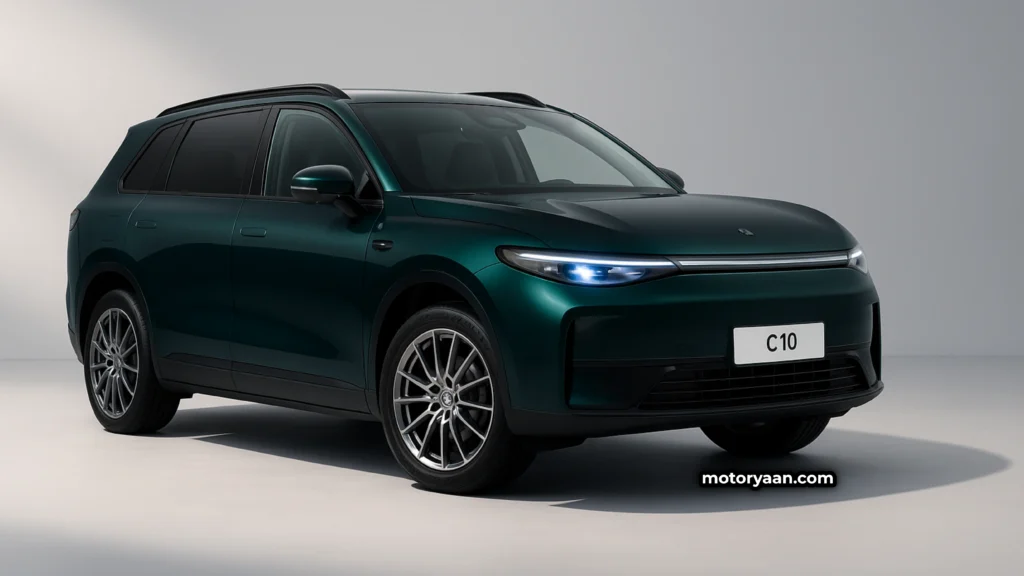 Leapmotor C10 front and side profile showcasing premium LED headlights, aerodynamic design, and futuristic SUV stance