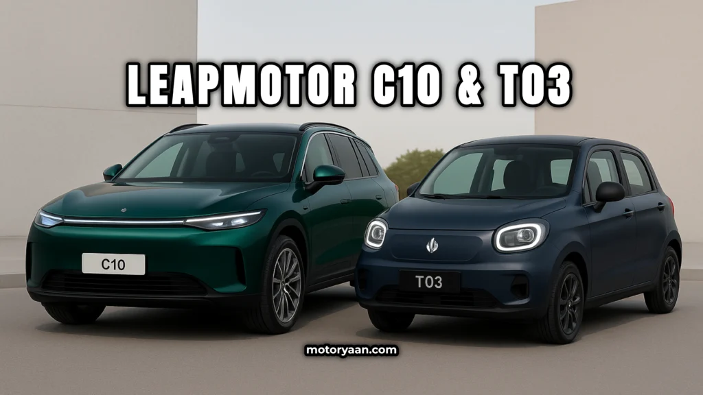 Leapmotor C10 T03 front and side profile comparison – electric hatchback and SUV parked side by side