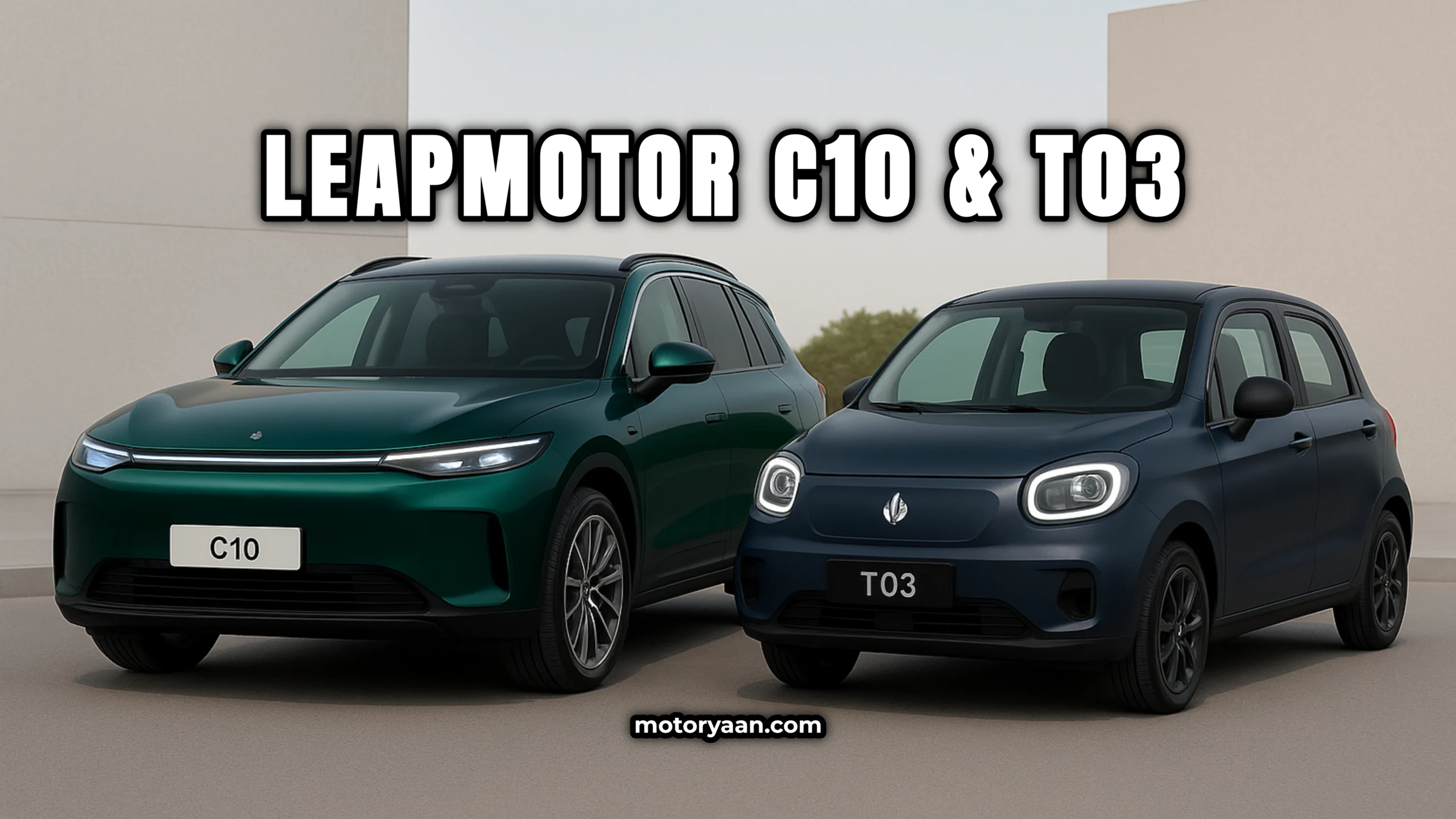Leapmotor C10 T03 front and side profile comparison – electric hatchback and SUV parked side by side