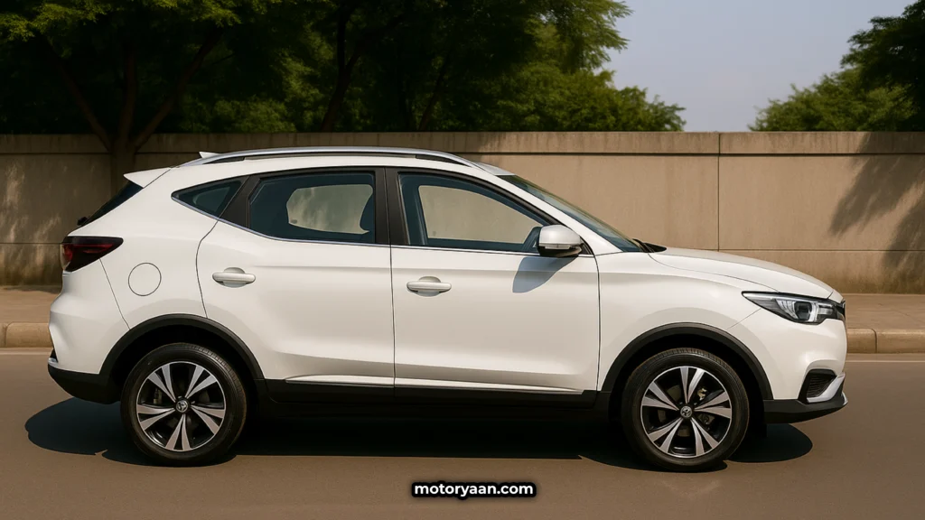 Side profile of the 2025 MG ZS EV electric SUV with modern design and aerodynamic curves