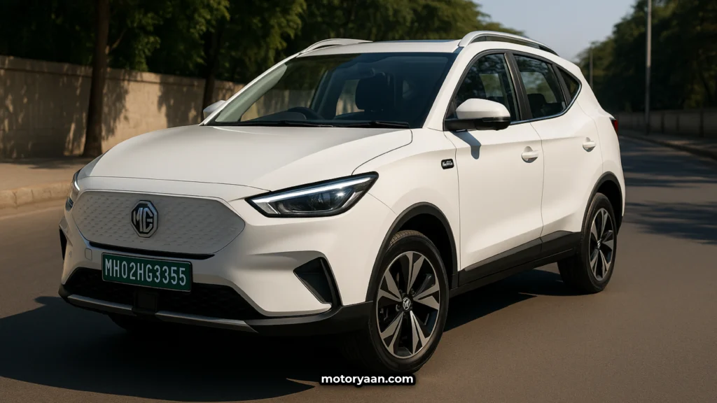 Front and side profile of the 2025 MG ZS EV electric SUV with LED headlights and sleek body design