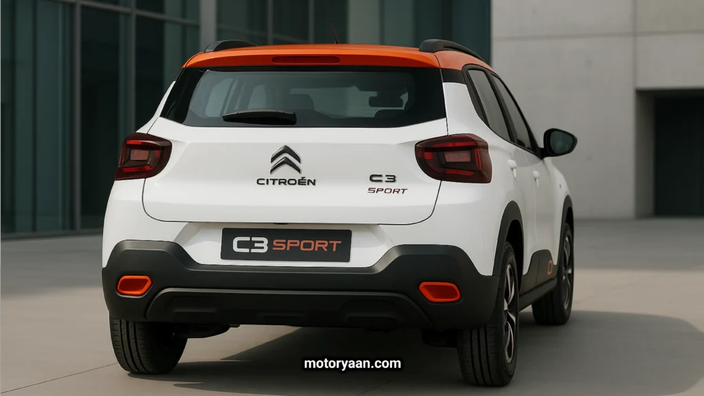 Rear view of the 2025 Citroen C3 Sport Edition featuring LED tail lamps, black skid plate, and sporty rear bumper design