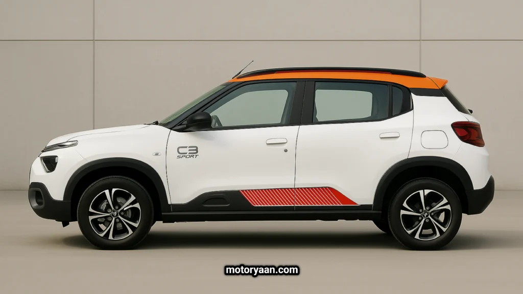 Side view of the 2025 Citroen C3 Sport Edition highlighting dual-tone roof, wheel arch cladding, and sporty decals