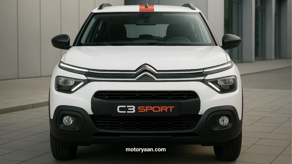 Front view of the 2025 Citroen C3 Sport Edition featuring sporty grille, LED DRLs, and new Garnet Red color