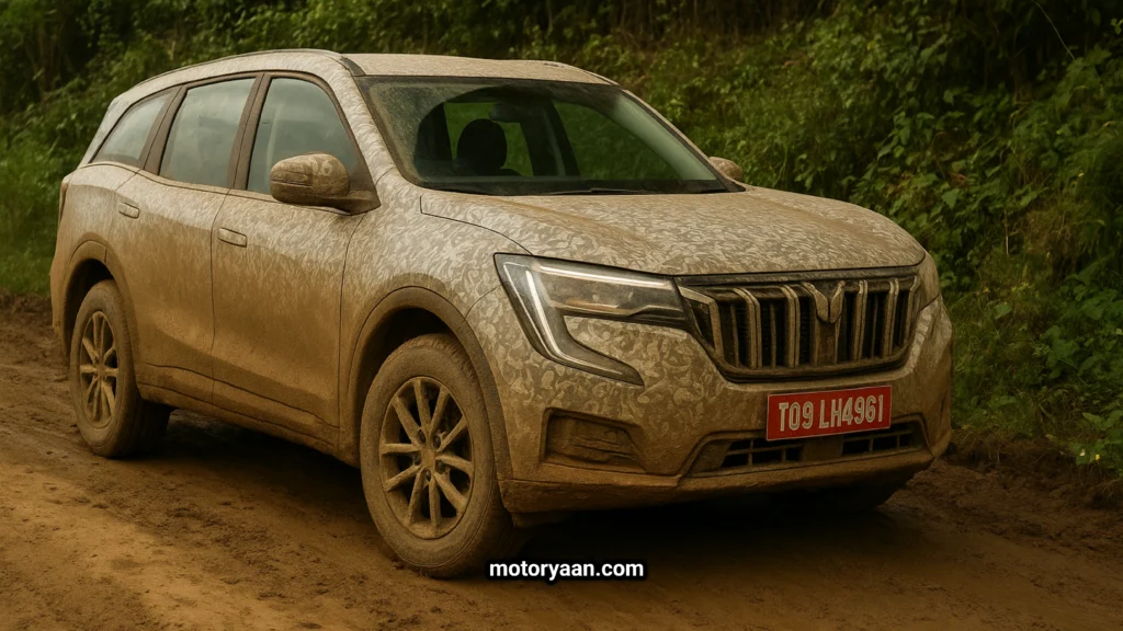 2026 Mahindra XUV700 Facelift front and side profile spotted during road testing in India