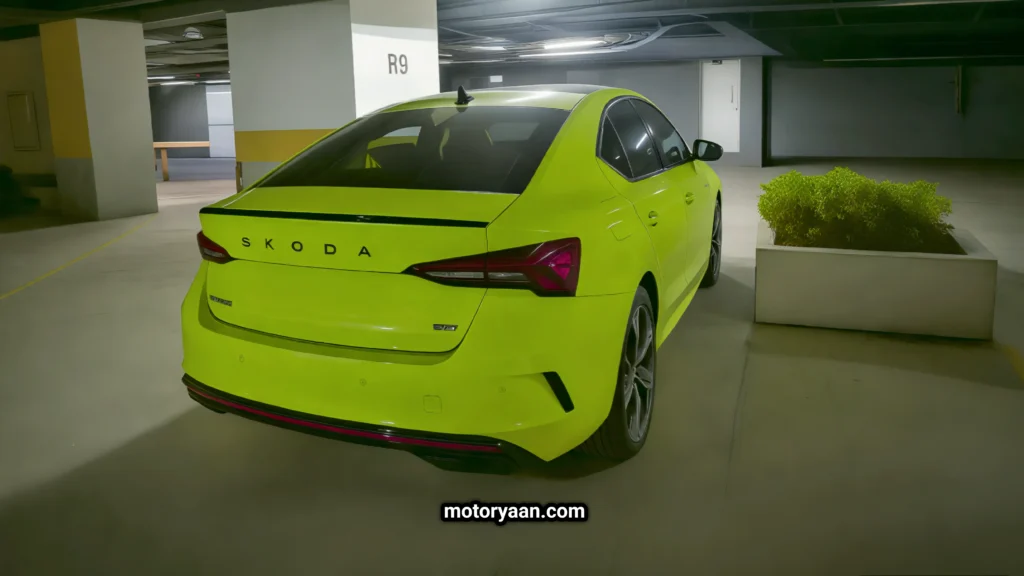 2025 Skoda Octavia RS rear and side view with wraparound LED tail lights, dual exhausts, and red brake calipers