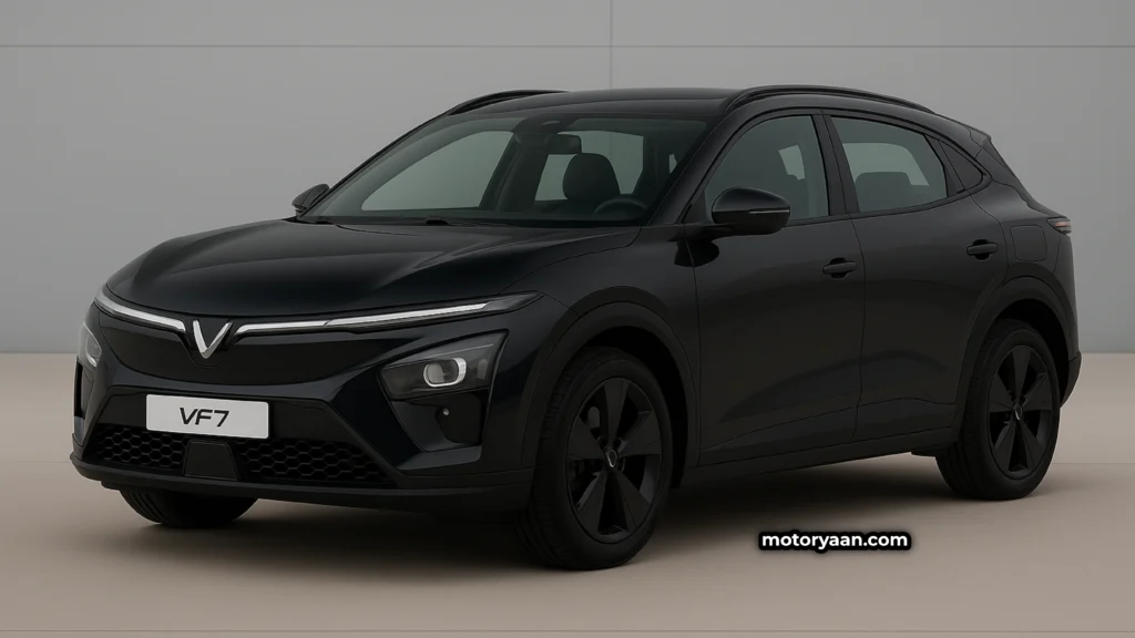 VinFast VF 7 electric SUV front and side view featuring signature LED DRLs, sharp body lines, and stylish alloy wheels