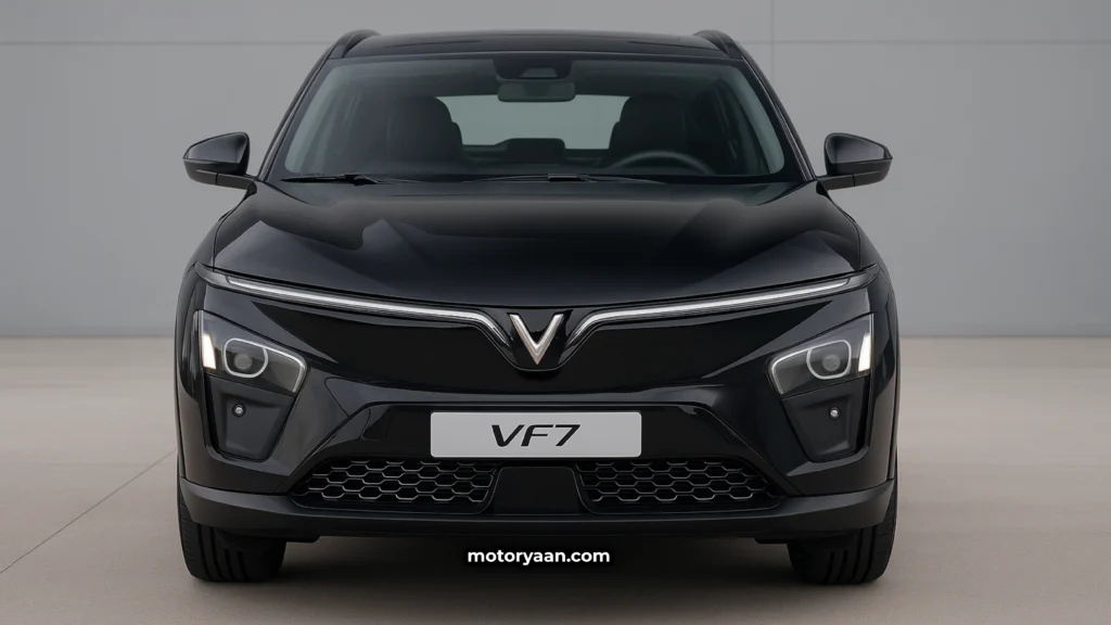 Front view of VinFast VF 7 electric SUV with sharp LED DRLs and sculpted bonnet