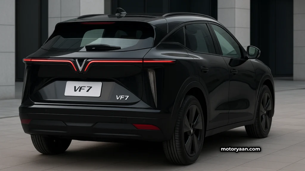 VinFast VF 7 electric SUV rear and side view with connected LED tail lights, sloping roofline, and sporty stance
