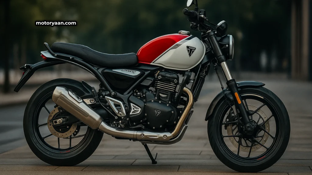 Front and side view of the 2025 Triumph Speed T4 motorcycle in Lava Red Gloss with Pearl Metallic White color finish