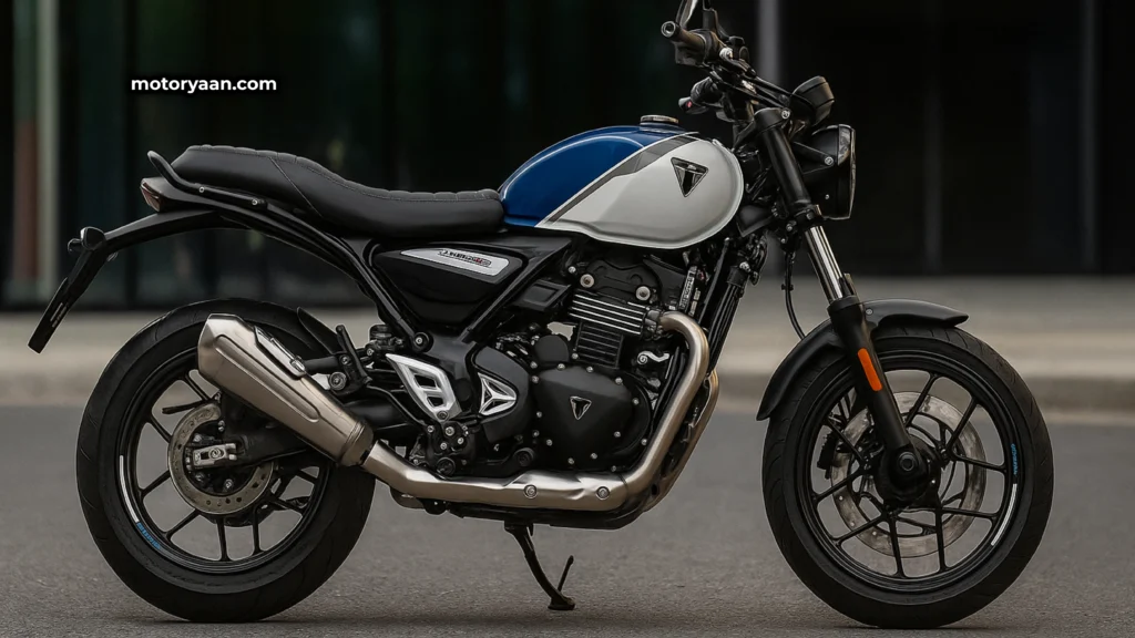 Side profile of the 2025 Triumph Speed T4 motorcycle in Caspian Blue with Pearl Metallic White finish