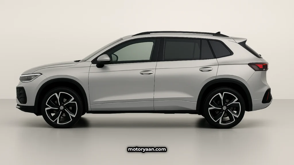 vw tiguan 2025 side profile with sleek character lines and silver roof rails